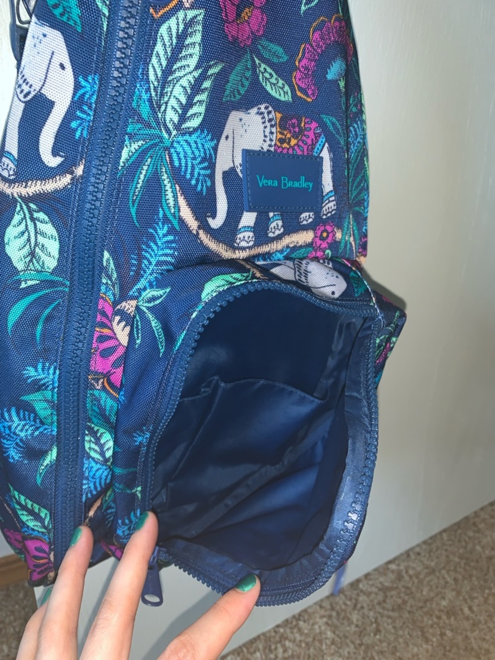 Vera Bradley Navy Elephant Floral Sling Bag with Teal and Pink Accents - Picture 6 of 7